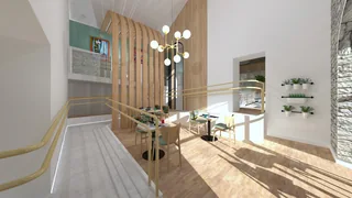 Projet L’Adaptable : restaurant, claustra en bois et mobilier sur mesure
