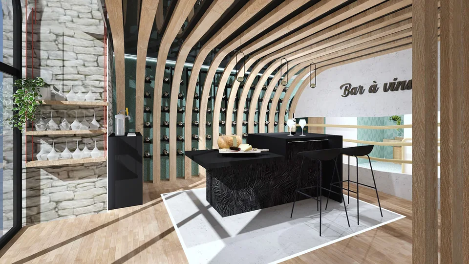 La rampe suggère un voyage qui nous emmène ensuite dans un espace faisant office de lieu de rencontre et de bar à vin.
