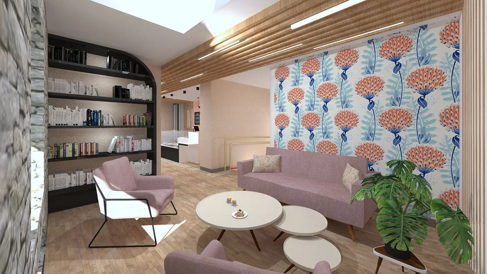 Pour l’espace thé, le orange est la couleur qui m’a semblé la plus appropriée, avec ses propriétés accueillantes et positives.