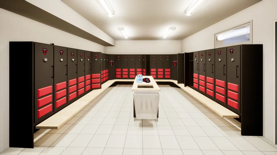 Au centre de la pièce un meuble sur mesure à été créé pour intégrer, rangements, poubelles et panier à linge.
