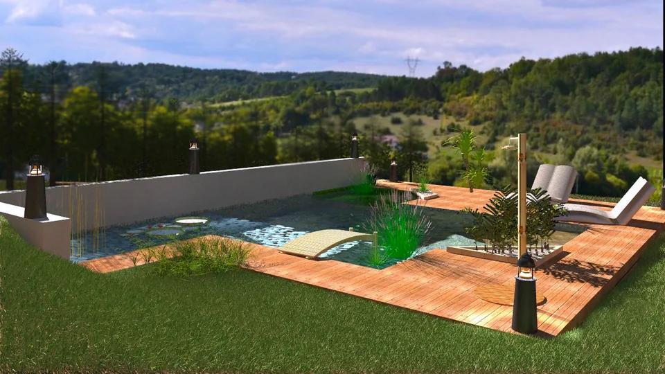 A l’extérieur, c’est une piscine naturelle qui à trouvé sa place le tout chauffé à l’énergie solaire.