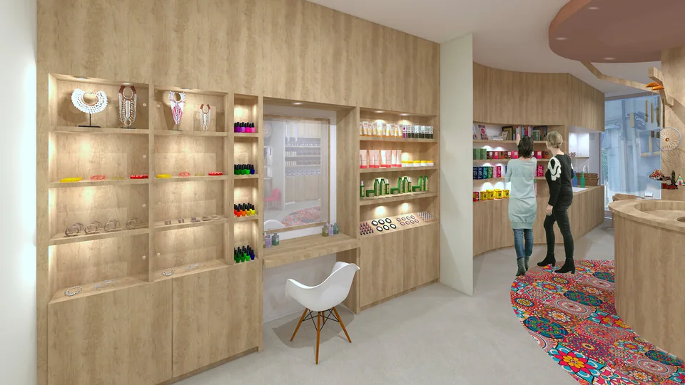 Cette petite épicerie aux couleurs douces et aux matériaux naturels est idéalement pensée pour mettre en valeur les produits de la marque.