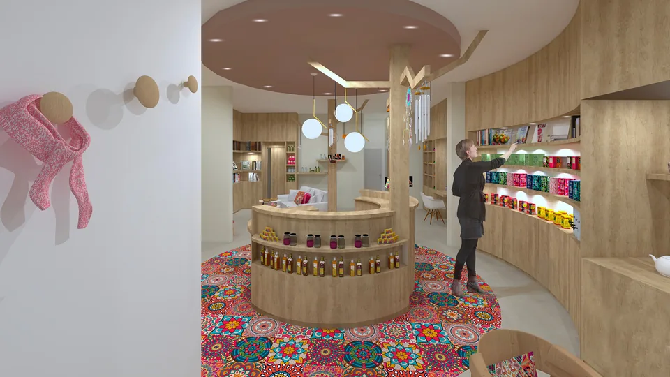 La scénographie de l’espace défini au centre de la boutique permet l’exposition des produits phares.