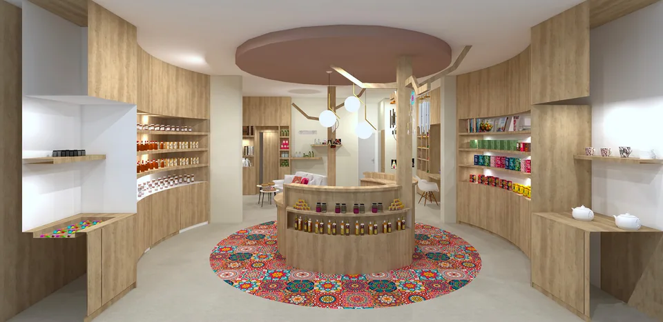 La couleur choisie est le rose, elle se marie très bien avec le bois, cette couleur apporte chaleur et gaieté à la boutique et participe à la mise en valeur des produits.