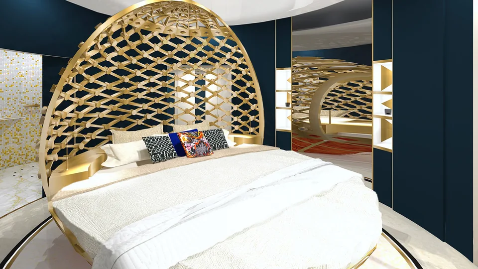 Le dôme au-dessus du lit, lumineux, accentue, avec le tapis, la forme d’un œuf à la verticale. .