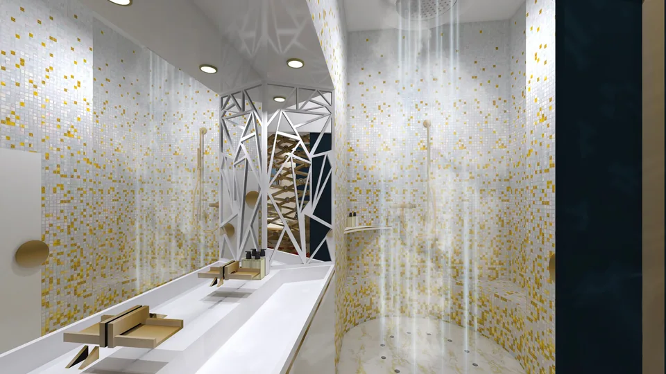Pour la salle de bain, tous les jets d’eau sont contrôlables de haut en bas pour rappeler les fontaines de Dubaï ainsi que le hammam très apprécié des touristes.