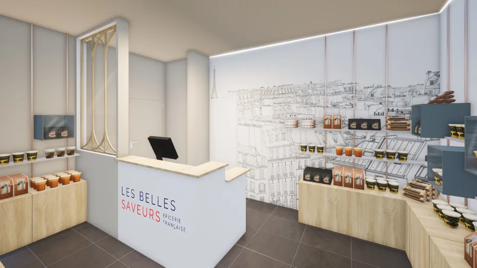Le bureau est situé à côté de la caisse, derrière la verrière joliment travaillée, pour être un peu plus en retrait pendant la journée tout en ayant une visibilité sur toute la boutique.