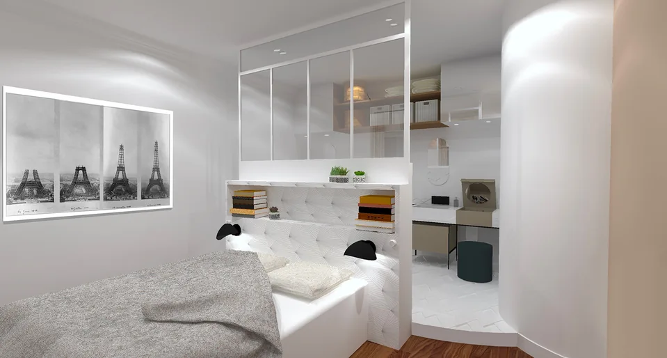 Cette chambre offre à la fois un espace de nuit et de travail, le tout maintenant une cohésion avec un jeu de couleurs neutres et avec la séparation apparente entre les deux zones.