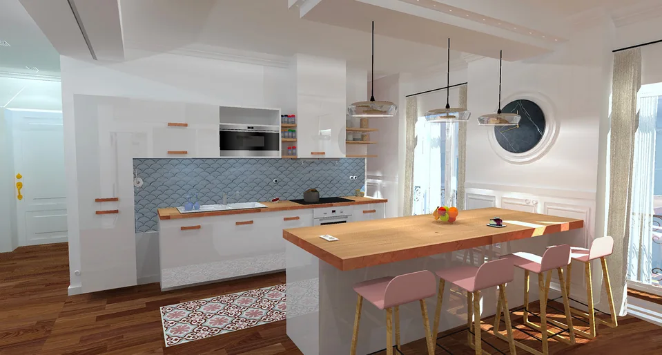 Cette grande cuisine joue sur des jeux de brillance (sur les meubles de cuisine et luminaire), le bois et le mélange de bleu et de rose, lui donnant un tout d’harmonie, et l’espace îlot, lui permet de rendre l’espace plus…