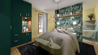 Projet Paradise : une chambre aux tons verts, avec rangements et décor végétal, par TeCoSo