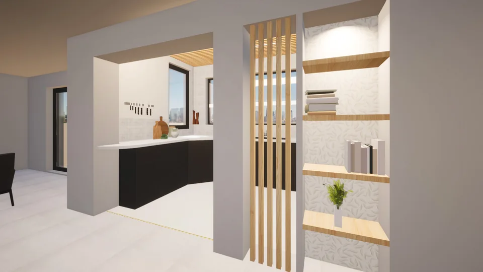 La cuisine est noire, donnant du caractère à l’espace avec un faux plafond en bois intégrant la lumière.