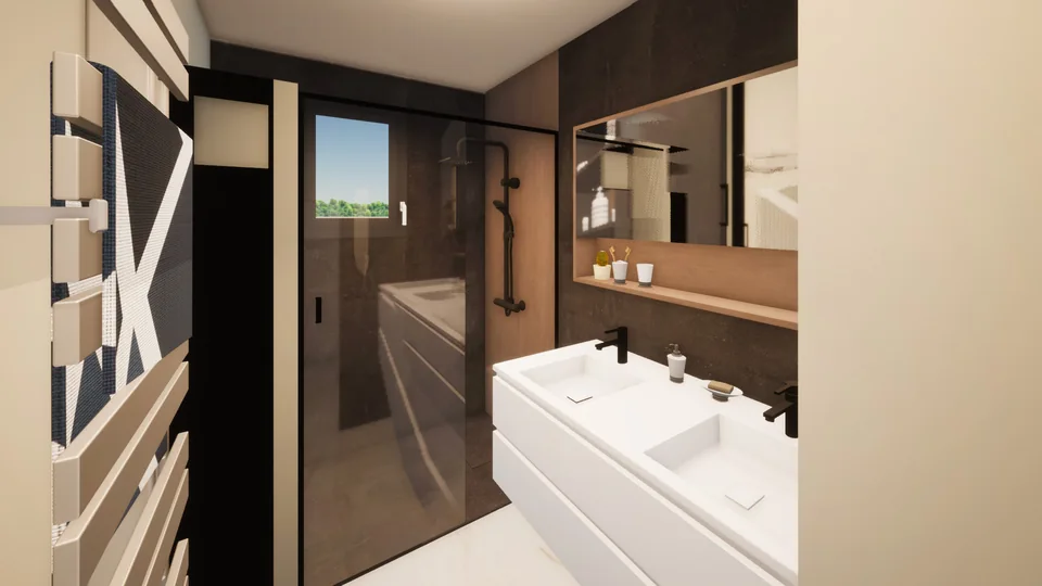 De nombreux rangements ont dû être créés : des niches dans la douche, rangements derrière le miroir, sous la double vasque ou encore un meuble à côté de la douche.