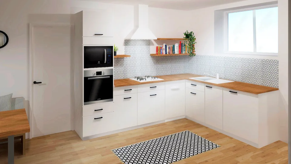 Cette cuisine fonctionnelle, lumineuse, ouverte sur un espace de salle à manger, joue à la fois sur des tons blancs ainsi que sur des motifs géométriques, qui ravivent l’espace.