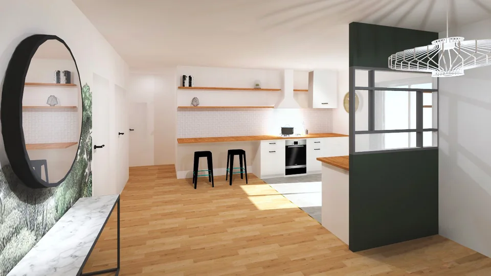 Concernant la décoration, la verrière apporte du caractère à l’appartement, tout comme le jeu des couleurs et des textures.