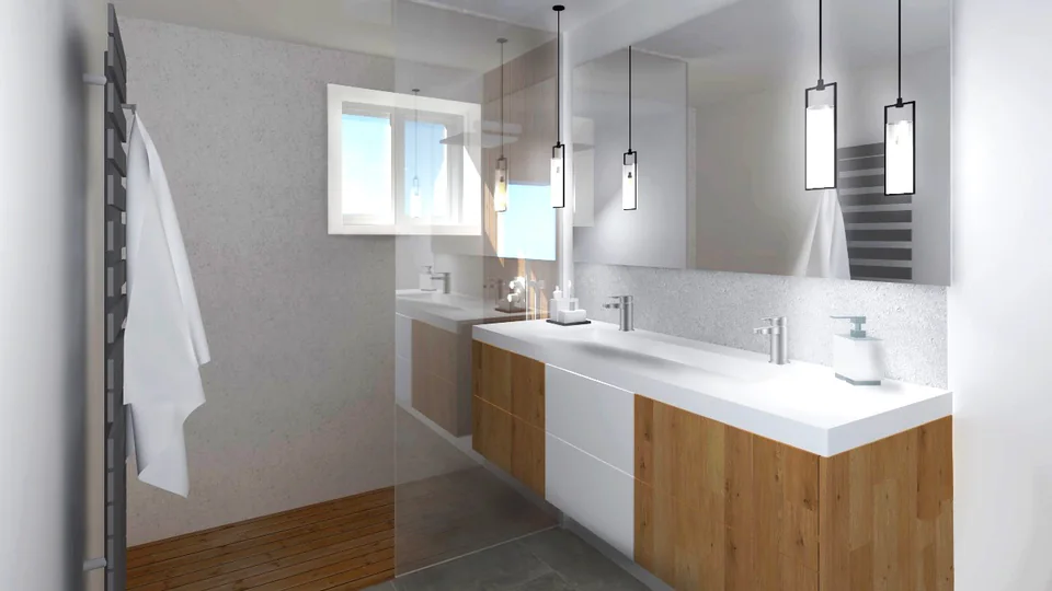 Cette salle de bain aux tons neutres, offre un grand espace de douche, un espace plus confortable, ainsi qu’une optimisation de l’espace de rangement avec un grand meuble vasque. La salle de bain est aussi dans des couleurs…